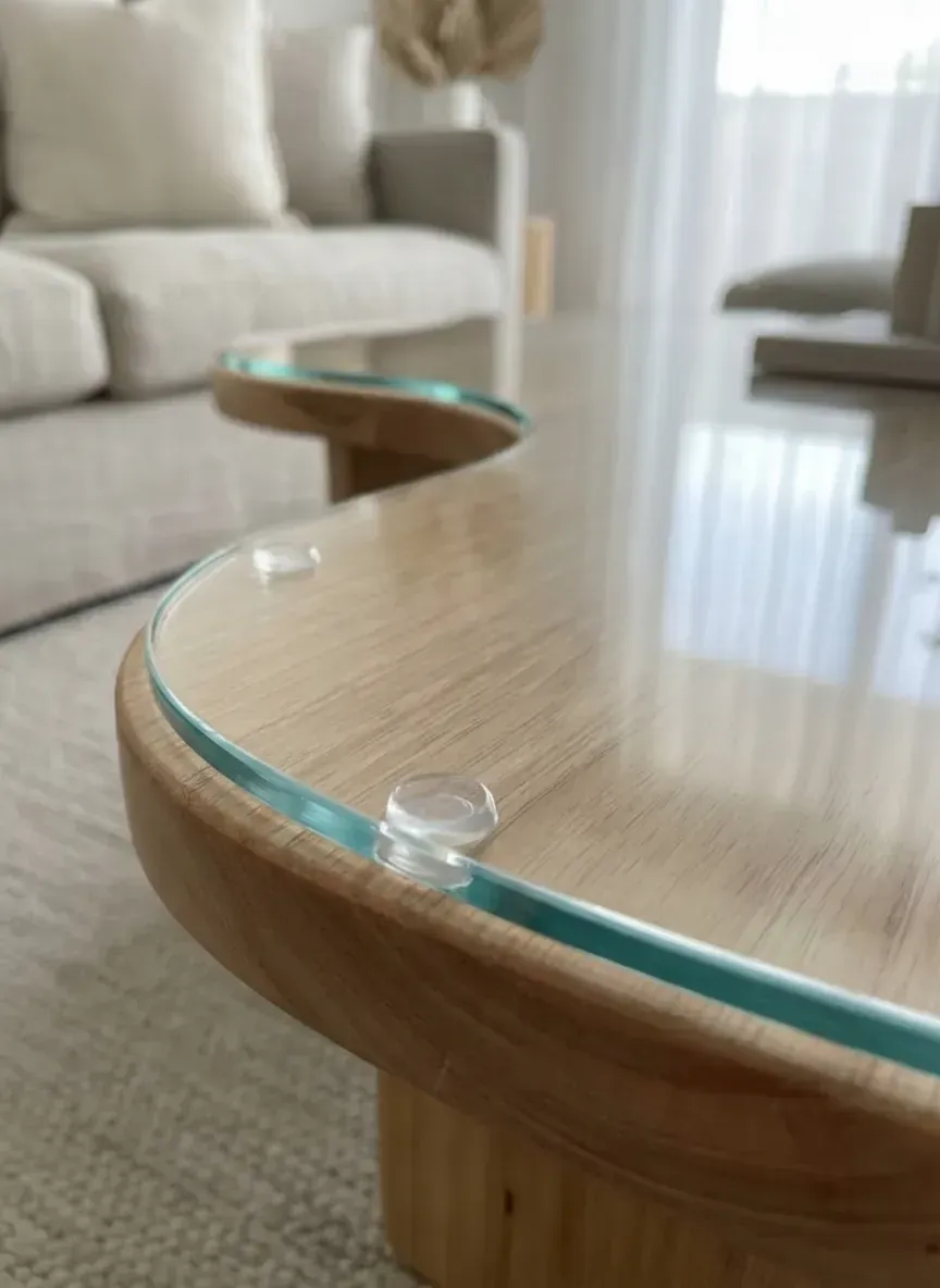 Custom glass tabletop protector on a timber sideboard in a Bulimba living space